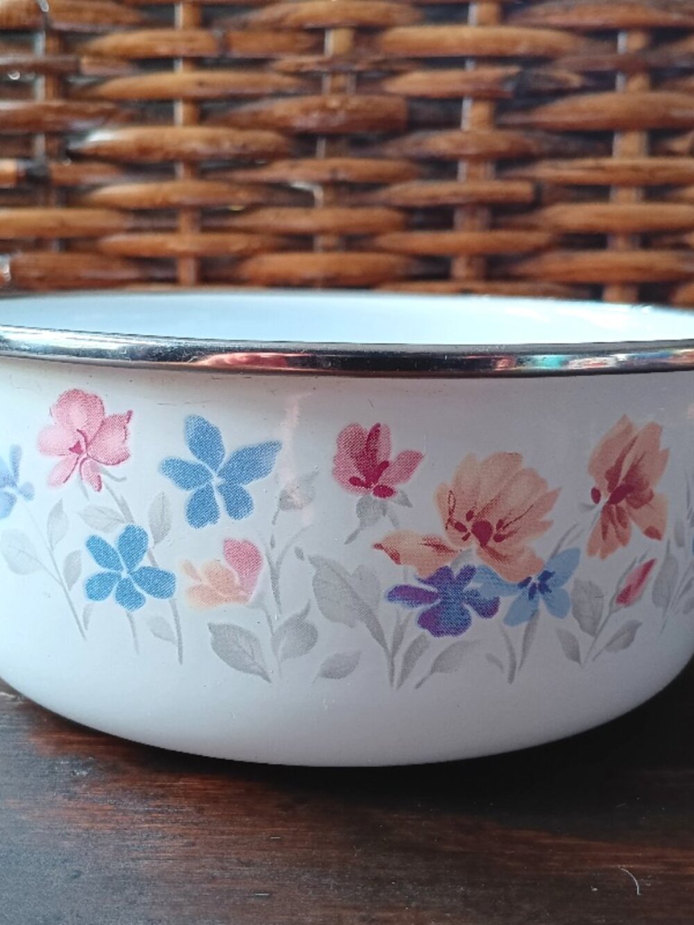 Small White Enamel Bowl with Blue and Peach Flowers